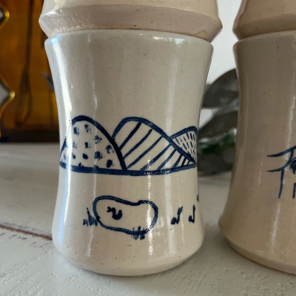 Rare Set of 4 Handmade Pottery Cups Mugs Solid Heavy Blue Folk Art Ichthys Symbo